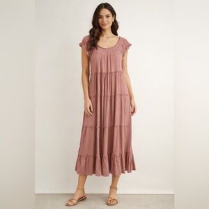 Mable Dusty Rose Tiered Gauzy Midi Dress